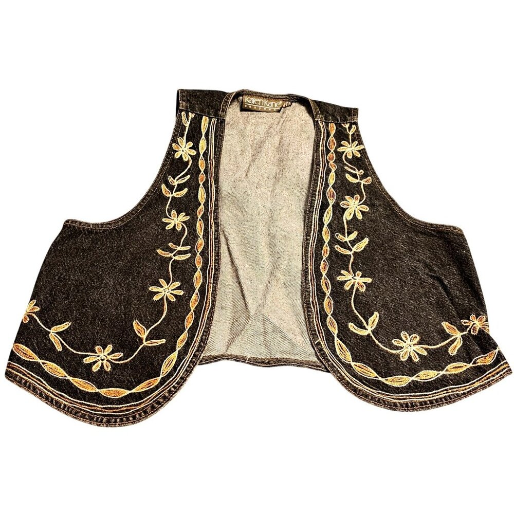 Karen Kane Women's Embroidered Black Denim Vest With Floral Design Size S 100% C - Picture 4 of 10
